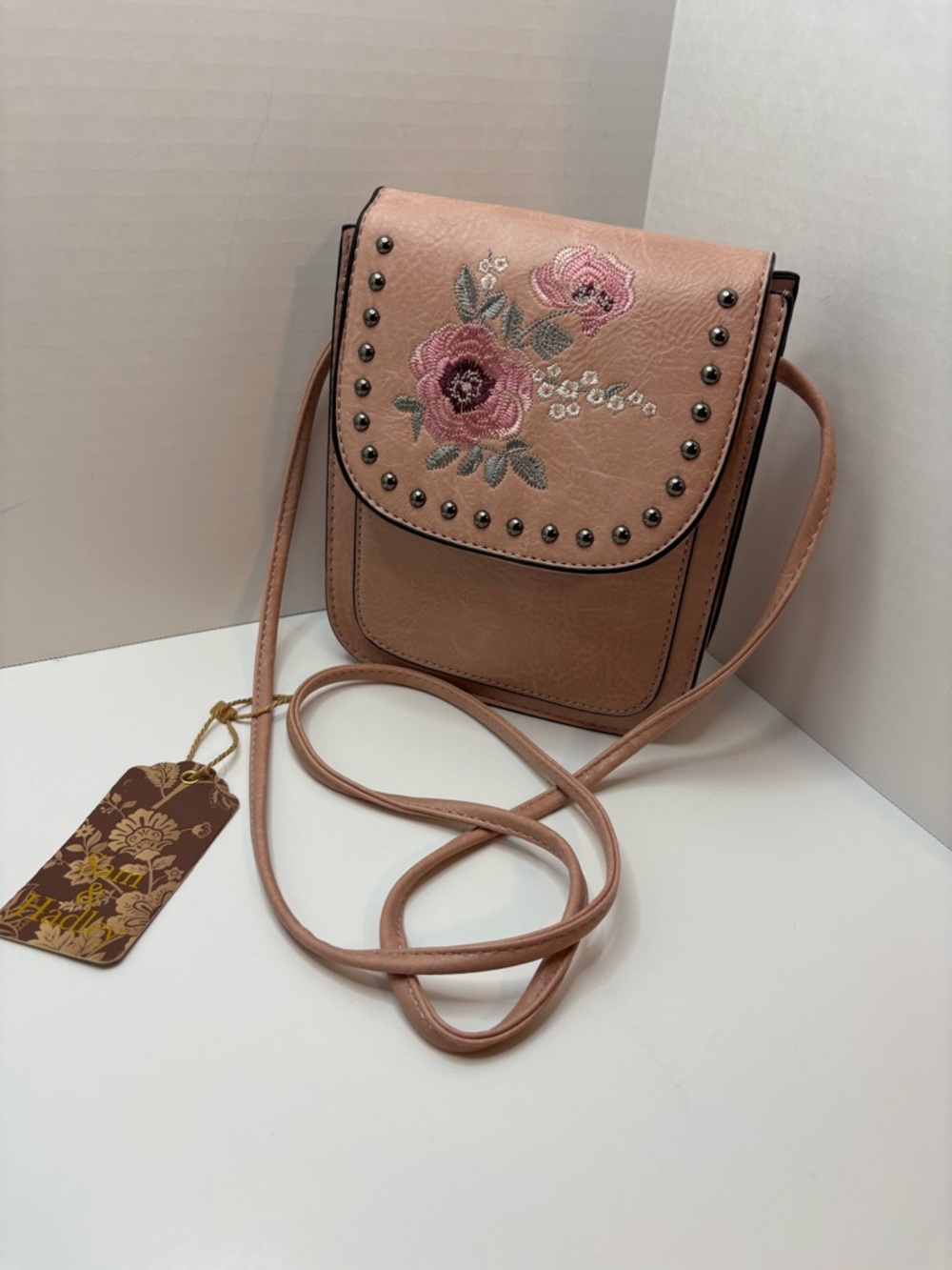 Sam&Hadley Western Floral Embroidered Pink Crossbody Bag with Stud Trim